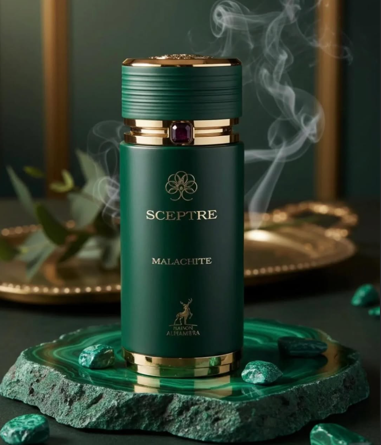 Frasco verde Sceptre Malachite sobre piedra — fragancia unisex