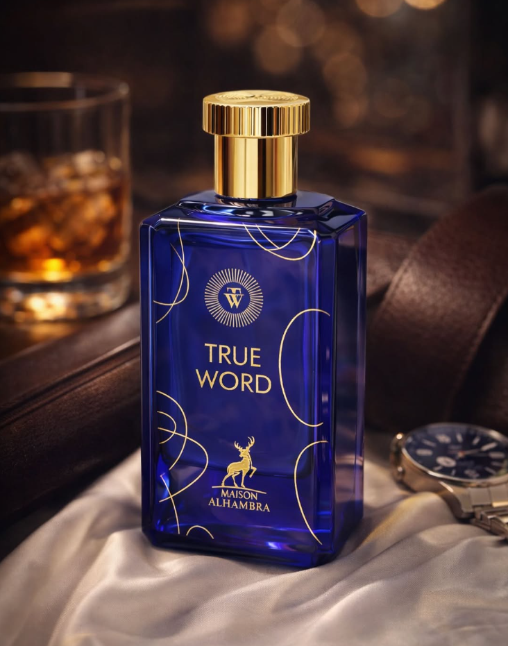 Frasco azul True Word de Maison Alhambra — fragancia inspirada